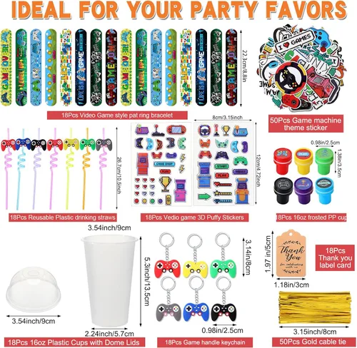 Miniatura 2 de Lenwen Juego de 128 piezas de recuerdos de fiesta de videojuegos, incluye popotes reutilizables para jugadores, tazas 3D, calcomanías hinchadas