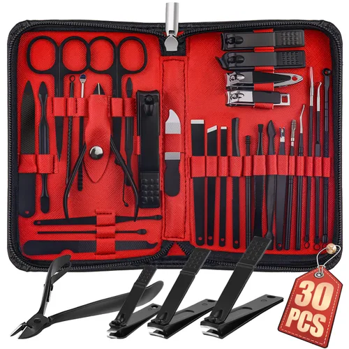Miniatura 11 de WOAMA - Juego profesional de manicura con 30 piezas de acero inoxidable de color plata en estuche negro Plateado