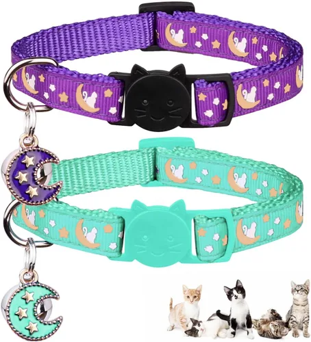 Miniatura 11 de Baeuppit 2 collares de gatos separables para niños y gatos, ajustables, con campana, color negro y azul claro Negro + azul claro