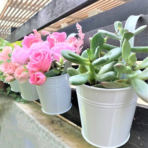 LaLaGreen Maceta Colgante de Hierro de 6 Pulgadas - Paquete de 10, Maceta Grande de Metal Blanco para Flores Sobre Barandilla de Balcón Cubos
