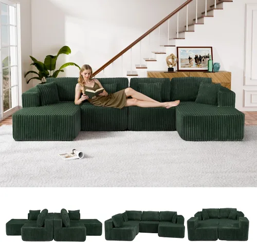 Miniatura 10 de Sofá cama modular en forma de U de 141.73 pulgadas, sofá de pana modular 6 en 1 con sensación suave como una nube, bolsa de almacenamiento