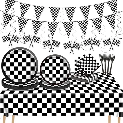ZOIIWA Juego de vajilla de 123 piezas de decoración de fiesta de carreras a cuadros en blanco y negro con platos temáticos de carreras, pancartas,