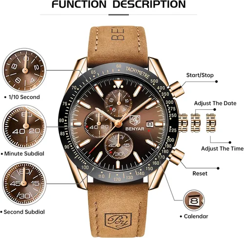 Miniatura 5 de BY BENYAR Reloj de pulsera para hombre Tienda analógico, relojes para hombre, negocios, trabajo, impermeable, cronógrafo, para hombre, moda