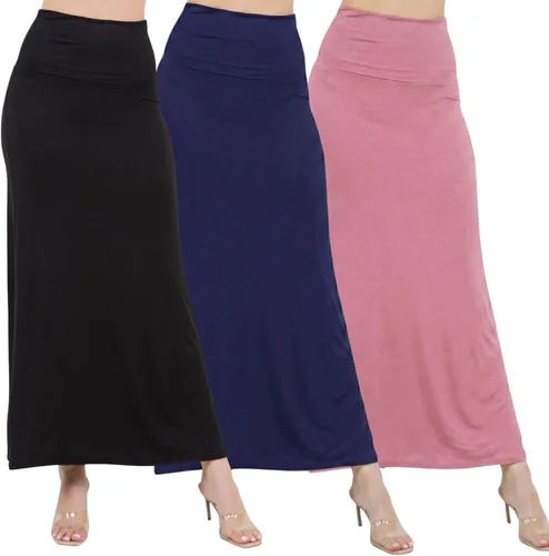 Miniatura 8 de Azules 3 Pack Women’s Maxi Skirt – Soft Stretchy Rayon Fold Over High Waist Long Flowy Boho Skirt for Casual or Dressy Wear