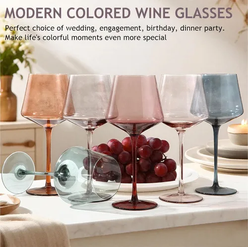 Miniatura 4 de Juego de 6 copas de vino de colores, grandes copas de vino de cristal soplado a mano de 16 onzas, copas de vino coloridas con tallo, rojo y blanco