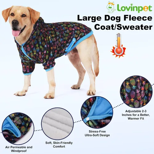 Miniatura 9 de LovinPet Sudadera con capucha para mascotas para perros grandes, tela de franela ligera y cálida con estampado negro de Pinapple Paradise, suéter