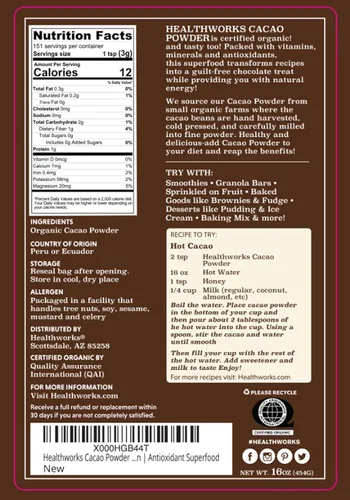 Miniatura 2 de Healthworks Superfoods Polvo de Cacao Orgánico – 16 Oz / 1 Lb – Sustituto de Chocolate de Cacao – Rico Sabor a Chocolate – Sin Azúcar, Keto, Vegano