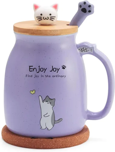 Taza Linda de Gato de Cerámica para Café con Tapa de Madera de Gato Kawaii, Encantadora Cuchara de Acero Inoxidable, Posavasos de Madera Engrosada