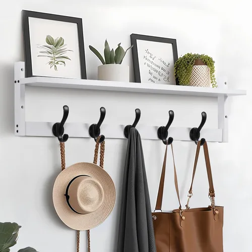 Miniatura 12 de Tatub Perchero de pared de 29 pulgadas con estante, ganchos de pared de madera con almacenamiento, estante de entrada con 5 perchas para baño, sala