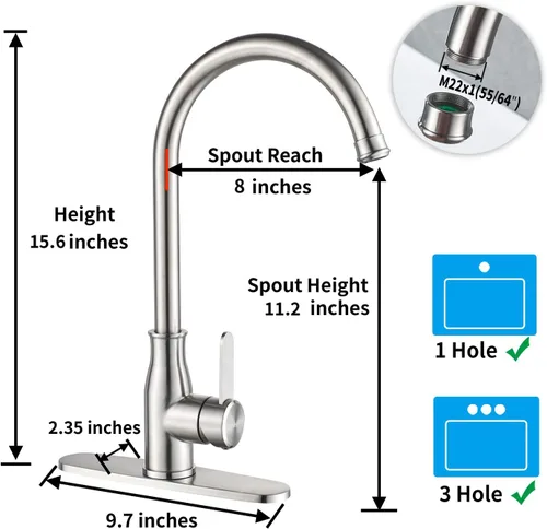 Miniatura 3 de Grifo de cocina de una sola manija de acero inoxidable de níquel cepillado, moderno grifo de fregadero de cocina de arco alto, grifo de fregadero