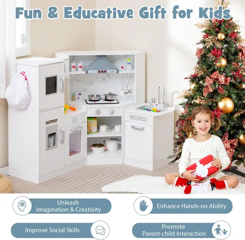 Miniatura 8 de Costzon Juego de cocina para niños, 2 piezas de juguete de cocina con luz, sonido, lavabo, microondas, pizarra, máquina de hielo, campana Blanco
