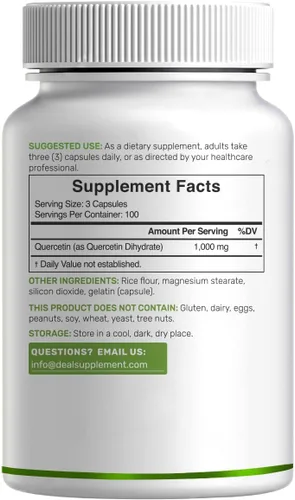 Miniatura 7 de Quercetina 1,000 mg por porción, 300 cápsulas – Suplementos saludables de apoyo inmunológico, alto contenido de flavonoides biodisponibles