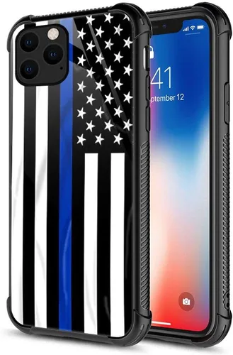 ZHEGAILIAN Funda compatible con iPhone 12 Pro Max, funda de bandera estadounidense de línea azul, parte trasera de vidrio templado + funda Blue Line