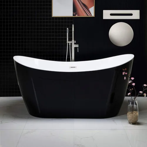 WOODBRIDGE - Tina de baño independiente de acrílico contemporáneo de 59 pulgadas, color negro, con rebosadero y drenaje de níquel cepillado, B1816