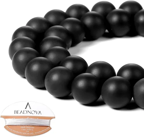 Miniatura 46 de Cuentas de ónix negro BEADNOVA con cuentas de cristal natural, piedras preciosas, redondas, sueltas, curativas de energía con cordón elástico de 01)