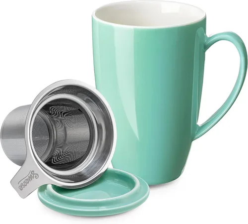 Sweese Taza de té de porcelana de 15 onzas con infusor y tapa, apta para microondas, mango ergonómico, esmalte sin plomo, para té de hojas sueltas,