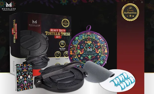 Miniatura 9 de Movaluxe® Prensa de tortilla de hierro fundido de 10 pulgadas XL - Máquina para hacer maíz y harina Roti Prensador de tortillera resistente. Con