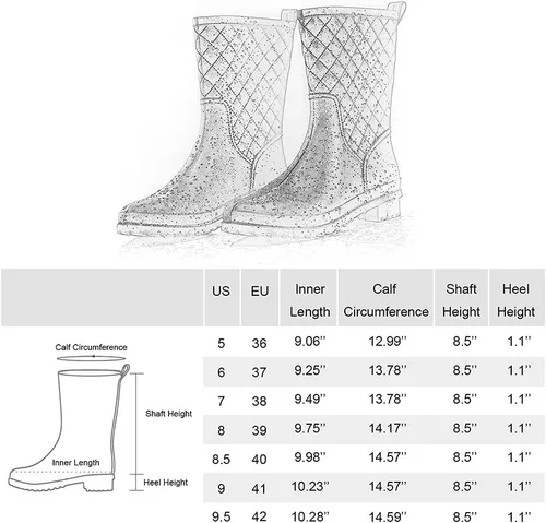 Miniatura 7 de Petrass Botas de lluvia para mujer, color negro impermeable a media pantorrilla, ligeras, lindo botines de moda para trabajar cómodos zapatos