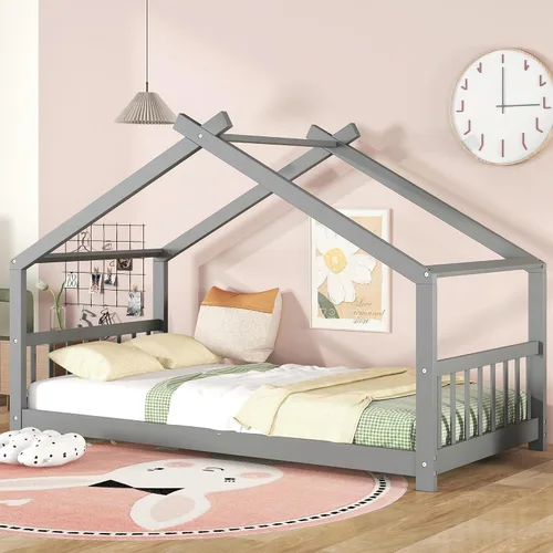 Bellemave Montessori - Cama de suelo tamaño individual, marco de cama individual con cabecero, estribo, cama Montessori de madera con listones /