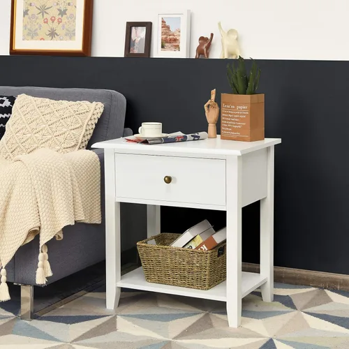 Miniatura 2 de Giantex Mesita de noche, mesa auxiliar de 2 niveles con cajón y estante de almacenamiento abierto, mesas de noche modernas, mesa auxiliar de madera