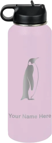 Miniatura 73 de LaserGram Botella de agua personalizada, pingüino, acero inoxidable de doble pared aislada al vacío con popote superior, regalo grabado