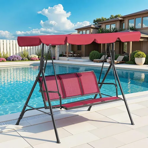 Miniatura 5 de Mcombo 4507 - Silla columpio para patio exterior, para 3 personas, con montura de acero, asientos de textilencia y toldo (color borgoña)