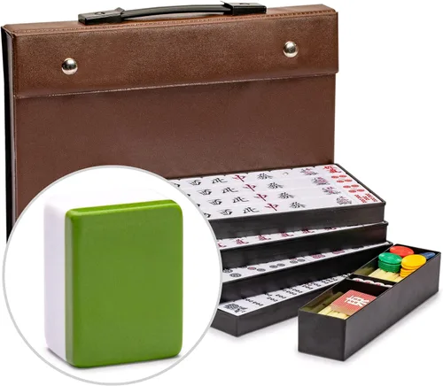 Yellow Mountain Imports Set de Mahjong Riichi japonés - Azulejos grandes blancos y verdes, estuche de vinilo - Incluye ficha del Viento del Este,