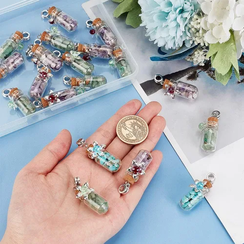 Miniatura 3 de PH PandaHall 20 colgantes de botella de vidrio con flores, colgantes de relleno de virutas de piedras preciosas coloridas con agujero de 0.197