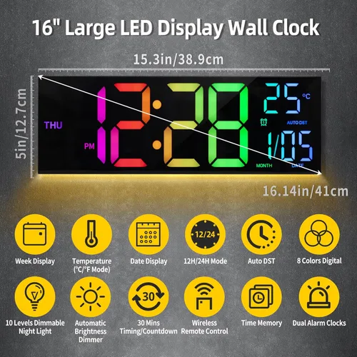 Miniatura 2 de HAITANG Reloj de pared digital de 8 colores, reloj digital grande de 16.2 pulgadas con temperatura, fecha, DST automático, luz nocturna, atenuador