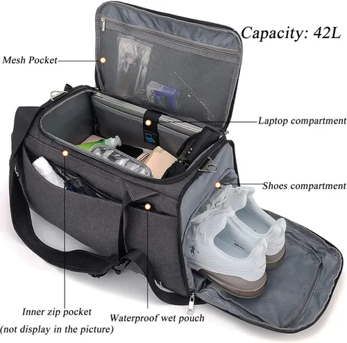 Miniatura 2 de Bolsa de lona deportiva con compartimento para zapatos y bolsillo húmedo, bolsa de gimnasio impermeable de 42L para hombres y mujeres, bolsa