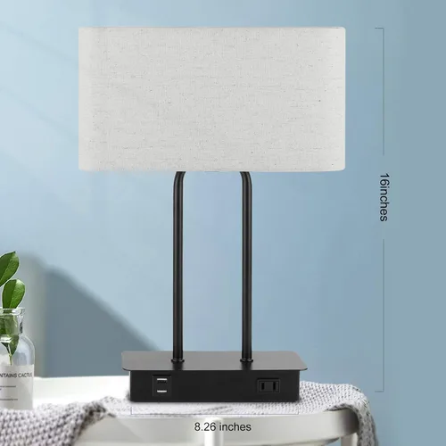 Miniatura 8 de Lámpara de mesa con control táctil y puertos de carga USB duales, 1 salida de CA, lámpara de mesita de noche moderna regulable de 3 vías con Crema