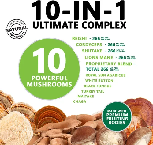 Miniatura 3 de Suplemento cerebral de hongos 10 en 1 mezcla – Complejo de hongos de alta resistencia con melena de león, cola de pavo, reishi, cordyceps, chaga