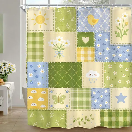 Cute Floral Patchwork Shower Curtain 60Wx72H Inches Boho Flowers Green Blue Plaid Summer Duck Wildflowers Checkered Botanical Vintage Fabric