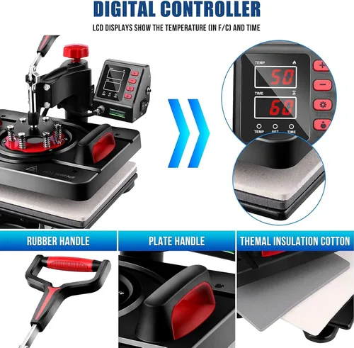 Miniatura 5 de AKEYDIY - Máquina de prensa de calor 5 en 1, máquina profesional de sublimación, 12" X 15", prensa giratoria para impresión en camisas