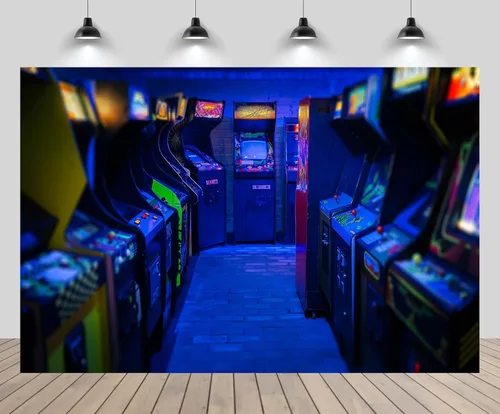 Telón de fondo vintage de 5 x 3 pies, máquinas tragamonedas de juegos de azar de casino, fondo azul retro de los años 80, decoración de fiesta de