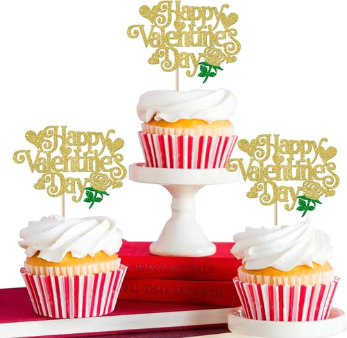 Miniatura 30 de Paquete de 24 adornos para cupcakes con purpurina en forma de corazón con temática de amor dulce, decoración de pasteles para el día de San