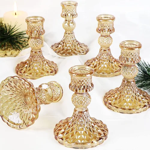 Juego de 6 portavelas cónicos, portavelas dorados y portavelas vintage, portavelas de cristal para centros de mesa, otoño, Navidad, otoño,