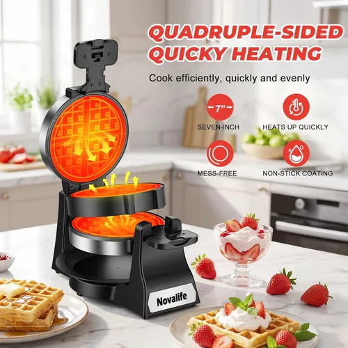 Miniatura 2 de Waffle Maker, 1400W Belgian Waffle Maker, Double Waffle Iron 180° Flip, 8 Slices, Rotating & Nonstick Plates, Removable Drip Tray Easy to Clean
