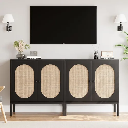 Miniatura 6 de IDEALHOUSE Gabinete de buffet, armario de almacenamiento de ratán con puertas y estantes, aparador de armario, armario de consola de madera