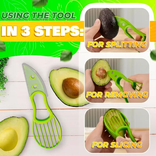 Miniatura 5 de Herramienta de corte de aguacate 3 en 1 – Cortador de plástico de grado alimenticio, pelador y removedor de pozos para cortar fácilmente, recoger