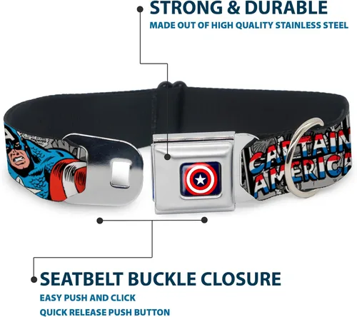 Miniatura 4 de Collar de perro con hebilla de cinturón de seguridad Capitán América 2 Poses Comic Blocks Grises Rojo Blanco Azul 9 a 15 pulgadas 1.0 pulgadas