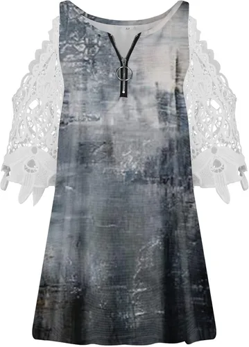 Miniatura 3 de Womens Breathable Oil Painting Blouses Zipper V Neck Tops Cute Flowy 2023 Summer Lace Short Sleeve T Shirt