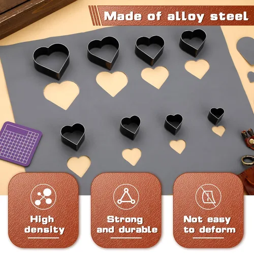 Miniatura 3 de Juego de 8 cortadores de cuero con forma de corazón, 8 tamaños, herramientas de acero de alto carbono, troqueladoras huecas afiladas
