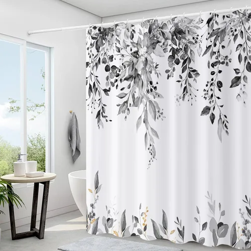 Miniatura 2 de Cortina de ducha de hojas de eucalipto en blanco y negro, hojas de acuarela negras y doradas, cortina de baño con plantas botánicas, tela