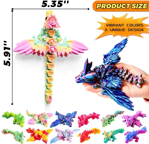 Miniatura 2 de Juego de 12 dragones impresos en 3D, cesta de Pascua, regalos para niños y niños, dragones flexibles articulados de 4.4 a 6 pulgadas, decoración