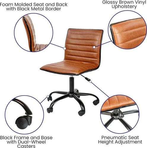 Miniatura 4 de Flash Furniture - Silla de oficina, vinilo marrón, estructura negra, sin reposabrazos, asiento y respaldo acanalados, diseño de respaldo bajo