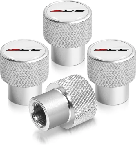 iPick Image Para Chevrolet Corvette C7 Z06 Blanco sobre tapas de vástago de válvula de neumático de aluminio plateado brillante