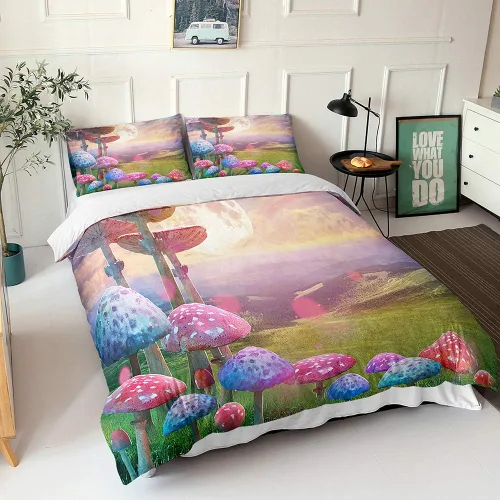Miniatura 10 de Juego de funda de edredón psicodélico de fantasía con diseño de hongos psicodélicos, galaxia, verde cielo, morado, diseño de hongos estrellados, #1