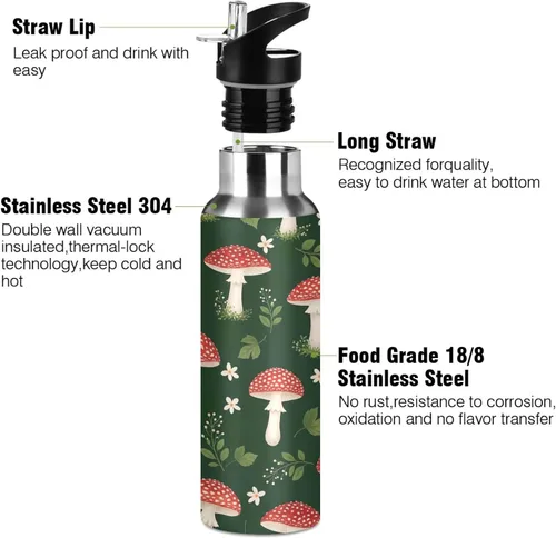 Miniatura 3 de Cute Red Mushrooms Green Stainless Steel Water Bottle 20 Oz Leakproof Water Bottles, BPA-Free Sports Water Bottle with Straw