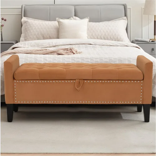 Miniatura 12 de Banco otomano de almacenamiento, reposapiés tapizado de terciopelo para dormitorio y sala de estar, asiento copetudo con almacenamiento, patas